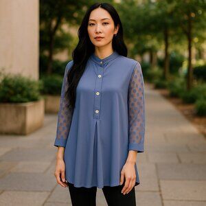 STUDIO 1886 Blue Semi Sheer Sleeve Tunic Top Ladies L Size 12-14